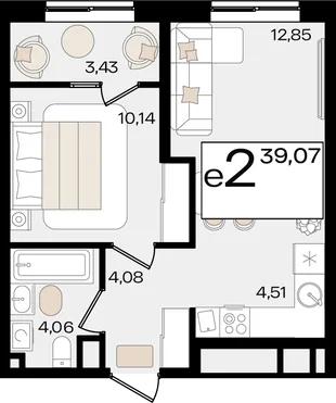 Планировка 2-комн. квартира, 39.07 м² ЖК «Патрики»