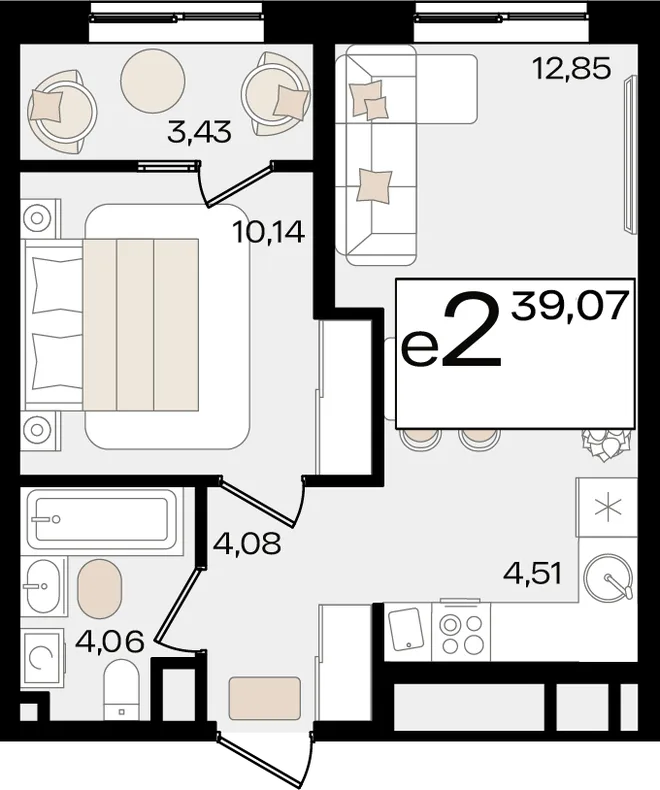 Планировка 2-комн. квартира, 39.07 м² ЖК «Патрики»