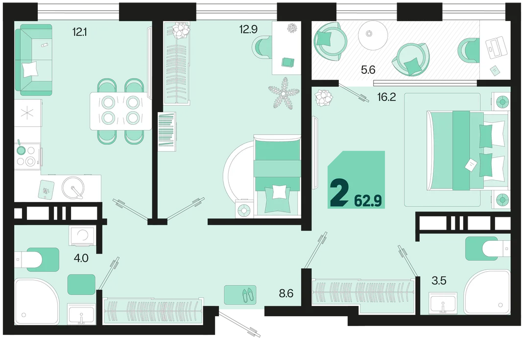 Планировка 2-комн. квартира, 62.9 м² ЖК «Первое место»