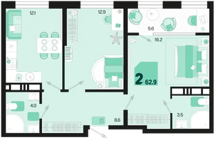 Планировка 2-комн. квартира, 62.9 м² ЖК «Первое место»