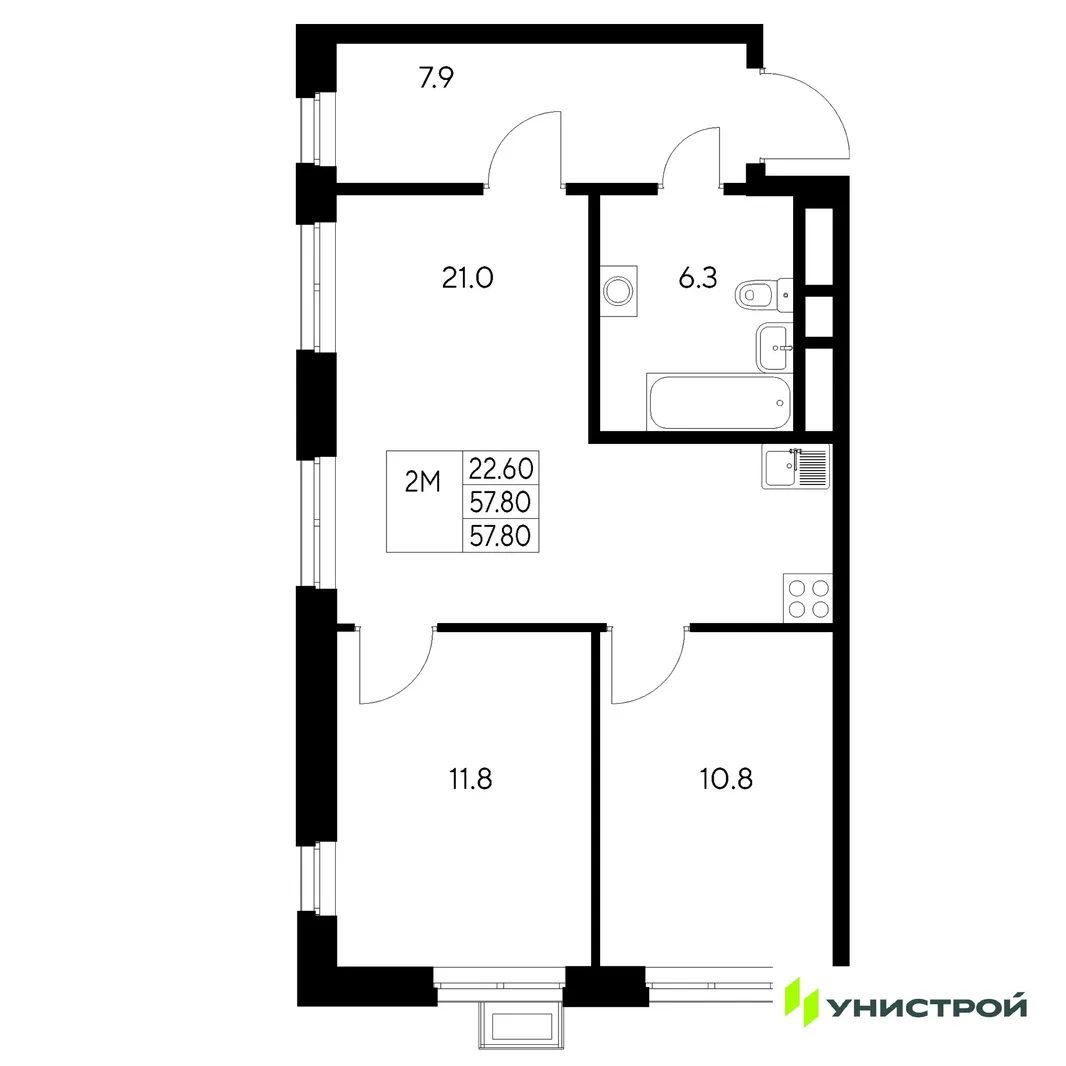 Планировка 2-комн. квартира, 57.8 м² ЖК «Стадиум»