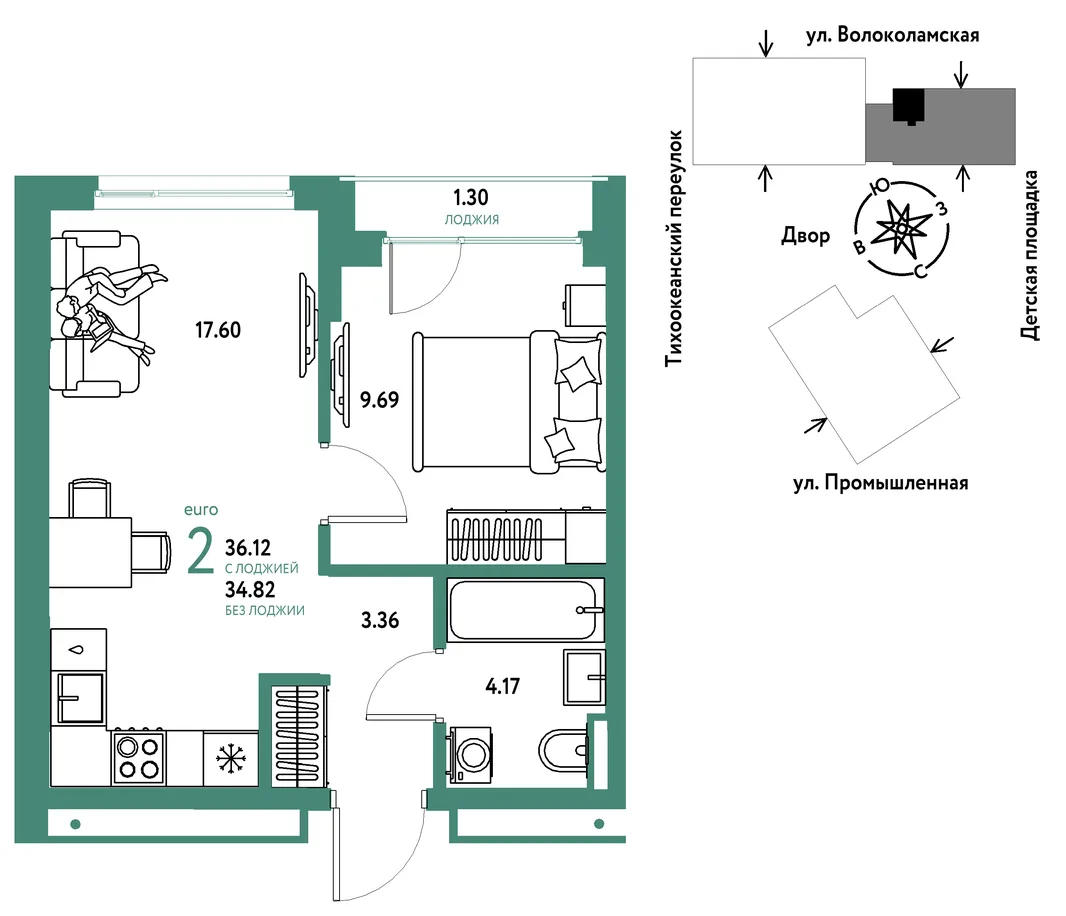 Планировка 2-комн. квартира, 36.12 м² ЖК «Страна Прибрежная»