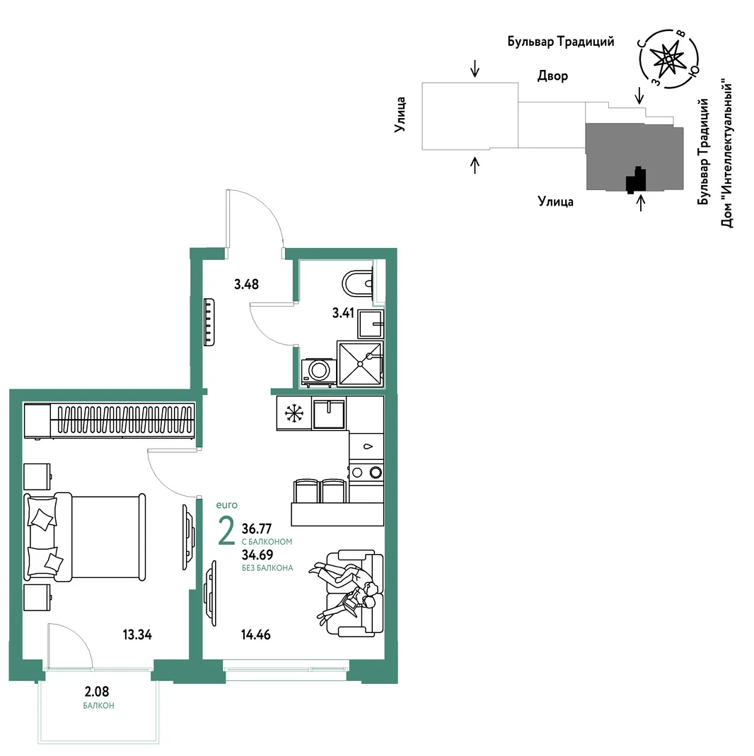 Планировка 2-комн. квартира, 36.77 м² ЖК «Микрорайон Домашний»