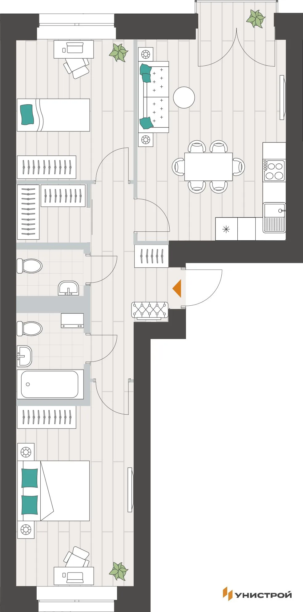 Планировка 2-комн. квартира, 60.88 м² ЖК «Аквамарин»