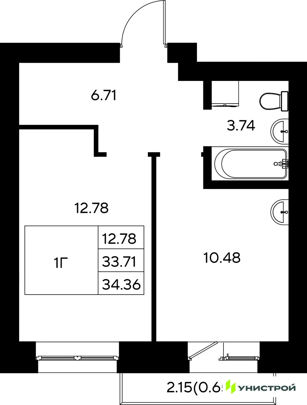 Планировка 1-комн. квартира, 34.36 м² ЖК «Царёво City»
