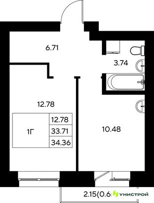 Планировка 1-комн. квартира, 34.36 м² ЖК «Царёво City»