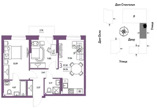 Планировка 3-комн. квартира, 57.3 м² ЖК «Европейский берег 2.0»