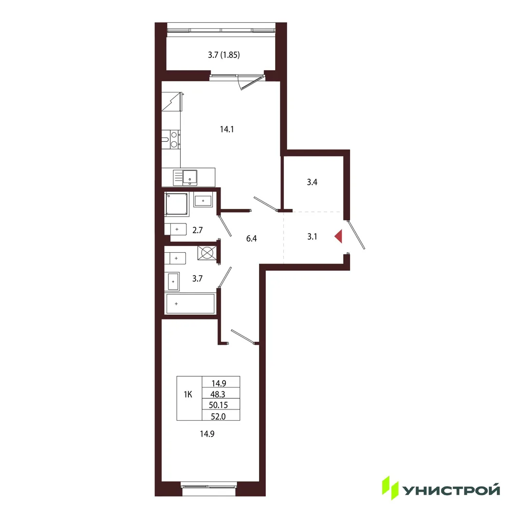 Планировка 1-комн. квартира, 50.15 м² ЖК «Лисино»