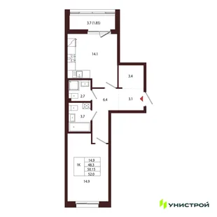 Планировка 1-комн. квартира, 50.15 м² ЖК «Лисино»