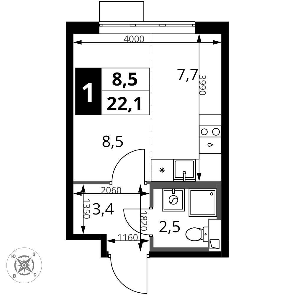 Планировка Студия, 22.1 м² ЖК «1-й Шереметьевский»