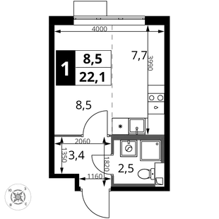 Планировка Студия, 22.1 м² ЖК «1-й Шереметьевский»