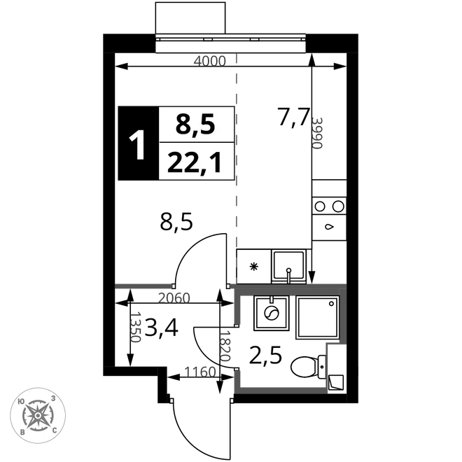Планировка Студия, 22.1 м² ЖК «1-й Шереметьевский» Планировка Студия, 22.1 м² ЖК «1-й Шереметьевский»