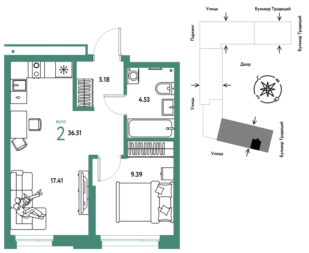 Планировка 2-комн. квартира, 36.51 м² ЖК «Микрорайон Домашний»