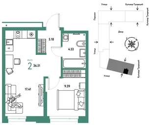 Планировка 2-комн. квартира, 36.51 м² ЖК «Микрорайон Домашний»
