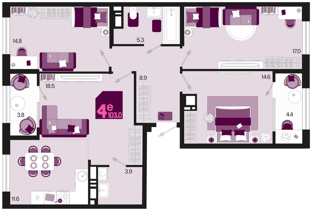 Планировка 4-комн. квартира, 103 м² ЖК «Первое место»