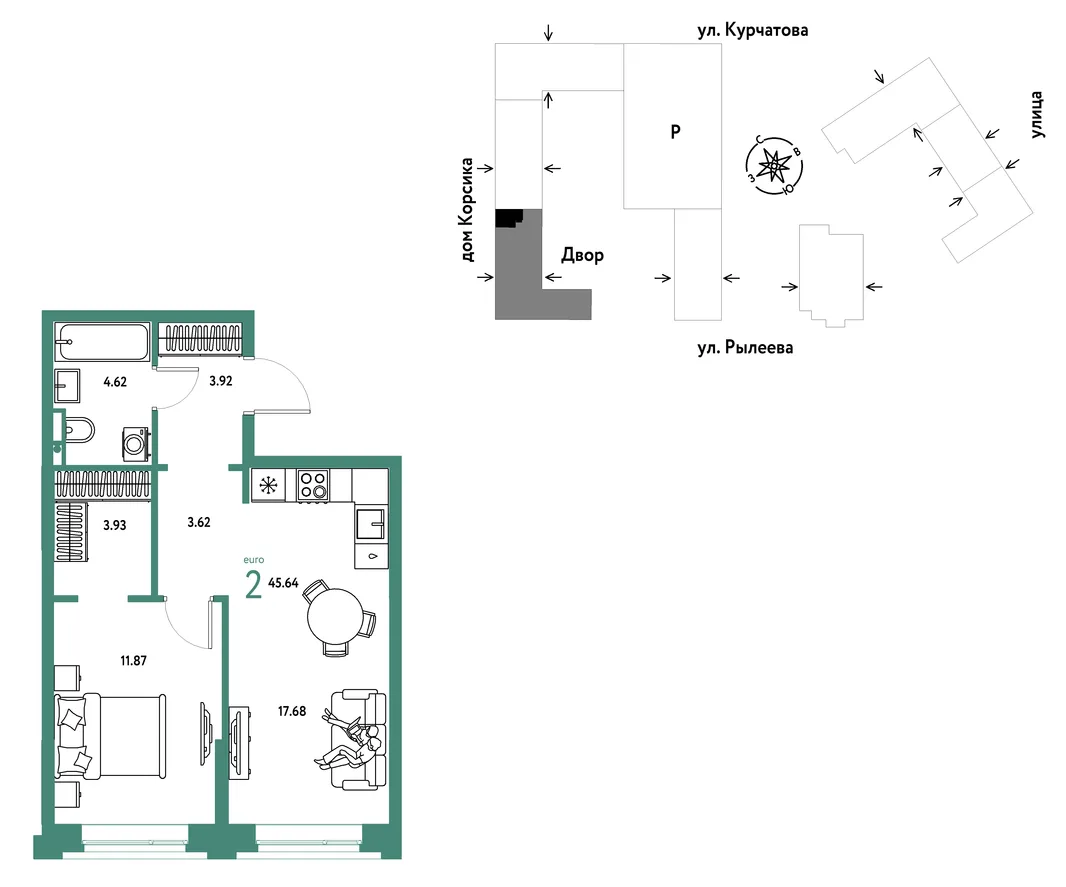 Планировка 2-комн. квартира, 45.64 м² ЖК «Остров-сад»