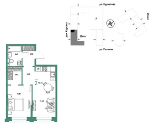 Планировка 2-комн. квартира, 45.64 м² ЖК «Остров-сад»