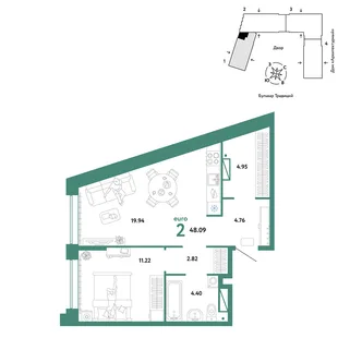 Планировка 2-комн. квартира, 48.09 м² ЖК «Микрорайон Домашний»