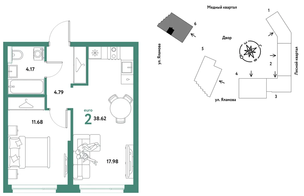 Планировка 2-комн. квартира, 38.62 м² ЖК «Сибирский сад»