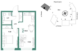 Планировка 2-комн. квартира, 38.62 м² ЖК «Сибирский сад»
