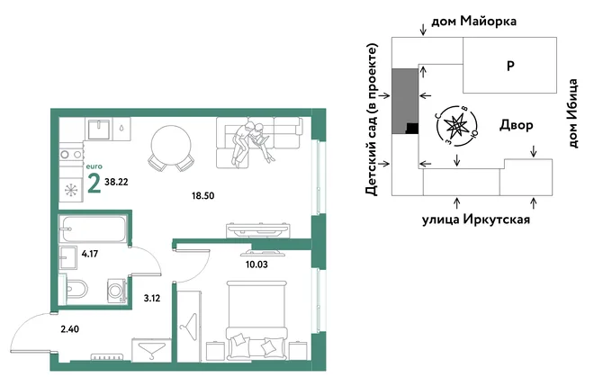 Планировка 2-комн. квартира, 38.22 м² ЖК «Остров-сад» Планировка 2-комн. квартира, 38.22 м² ЖК «Остров-сад»