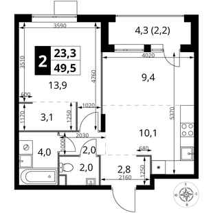 Планировка 2-комн. квартира, 49.5 м² ЖК «1-й Шереметьевский»