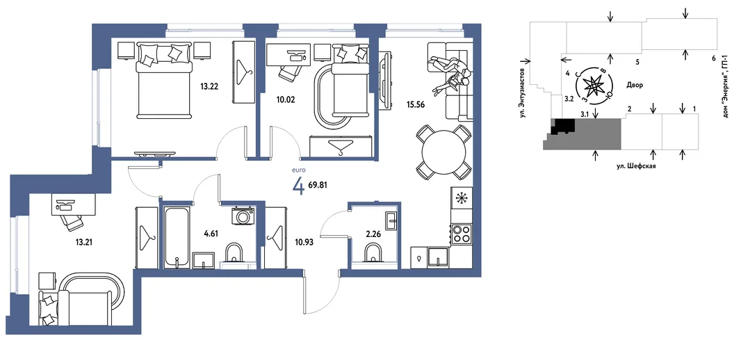 Планировка 4-комн. квартира, 69.81 м² ЖК «Страна.Энтузиастов»