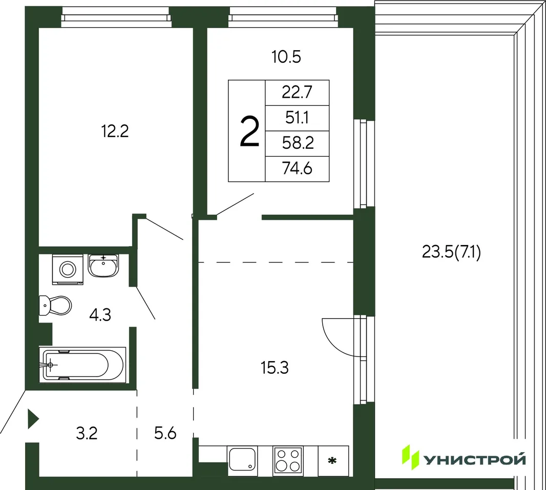 Планировка 2-комн. квартира, 58.2 м² ЖК «Парковый квартал 2.0»