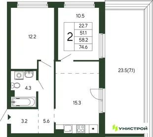 Планировка 2-комн. квартира, 58.2 м² ЖК «Парковый квартал 2.0»