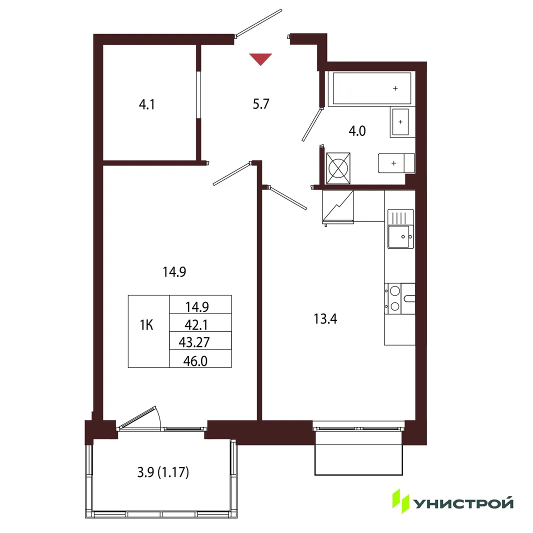 Планировка 1-комн. квартира, 43.27 м² ЖК «Лисино»