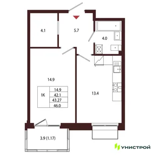 Планировка 1-комн. квартира, 43.27 м² ЖК «Лисино»