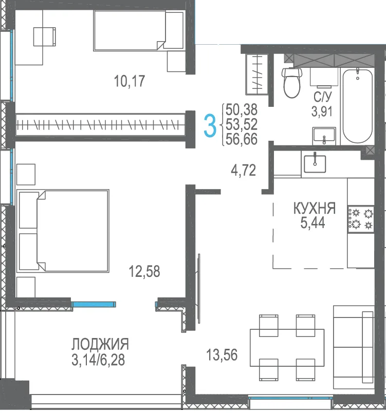 Планировка 3-комн. квартира, 56.66 м² ЖК «Розовое озеро»