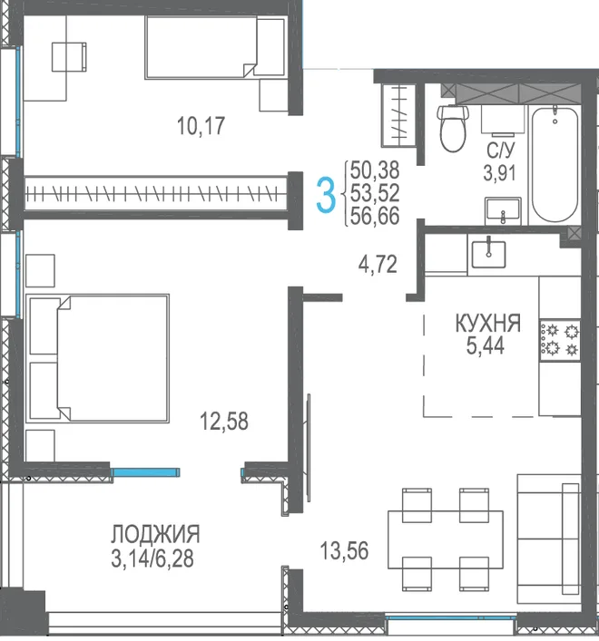 Планировка 3-комн. квартира, 56.66 м² ЖК «Розовое озеро»