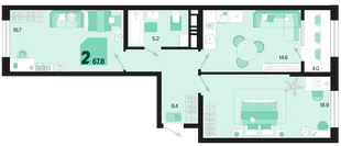 Планировка 2-комн. квартира, 67.8 м² ЖК «Первое место»