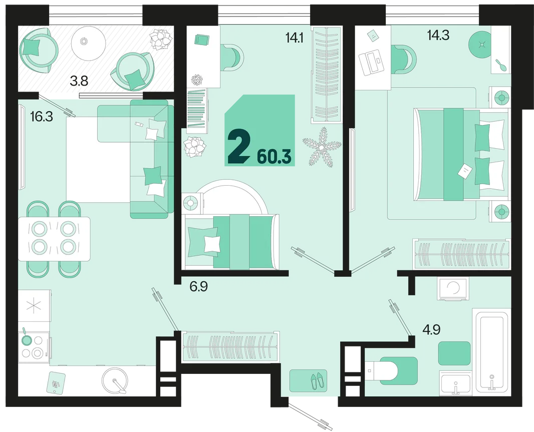 Планировка 2-комн. квартира, 60.3 м² ЖК «Первое место»