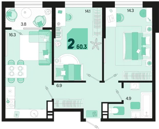 Планировка 2-комн. квартира, 60.3 м² ЖК «Первое место»