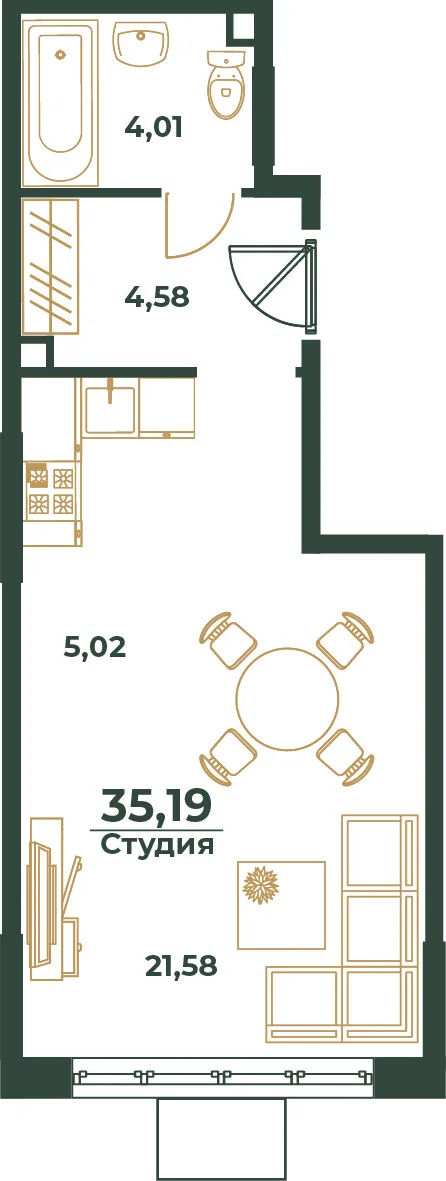 Планировка Студия, 35.19 м² ЖК «Южный квартал»