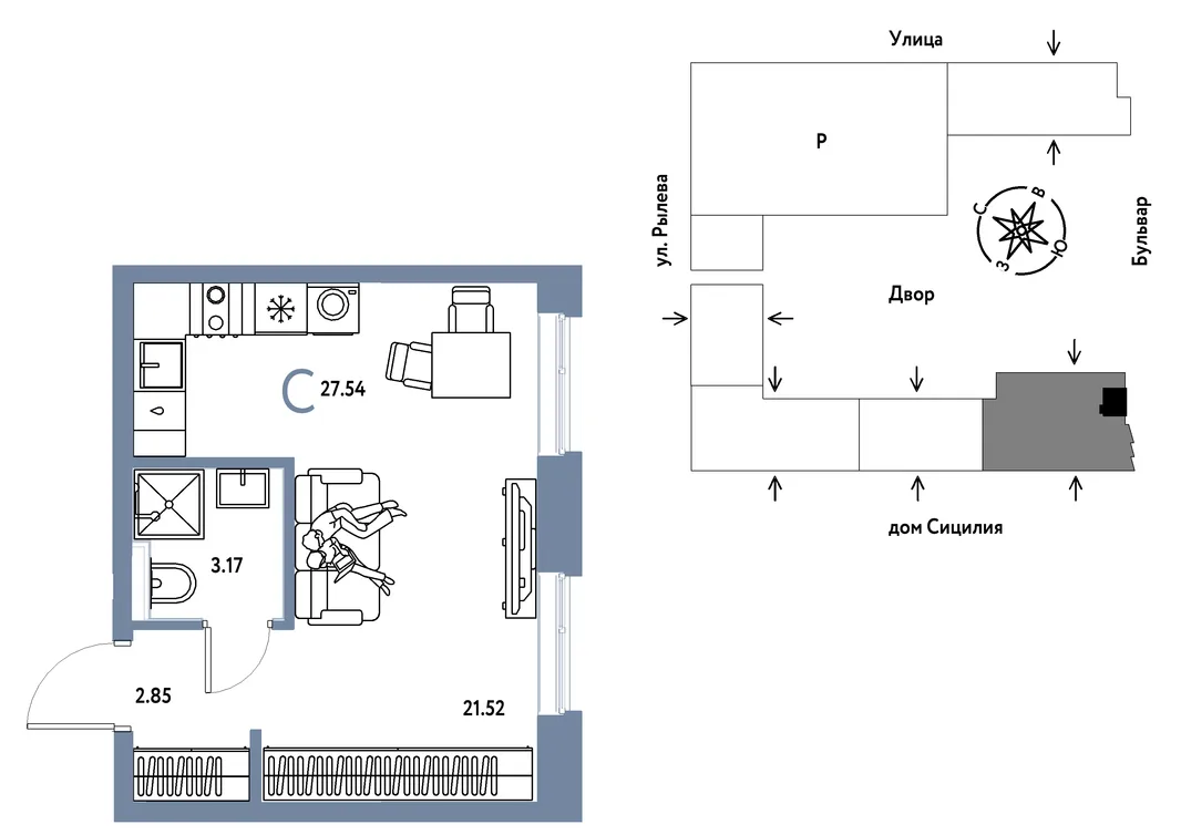 Планировка Студия, 27.54 м² ЖК «Остров-сад»