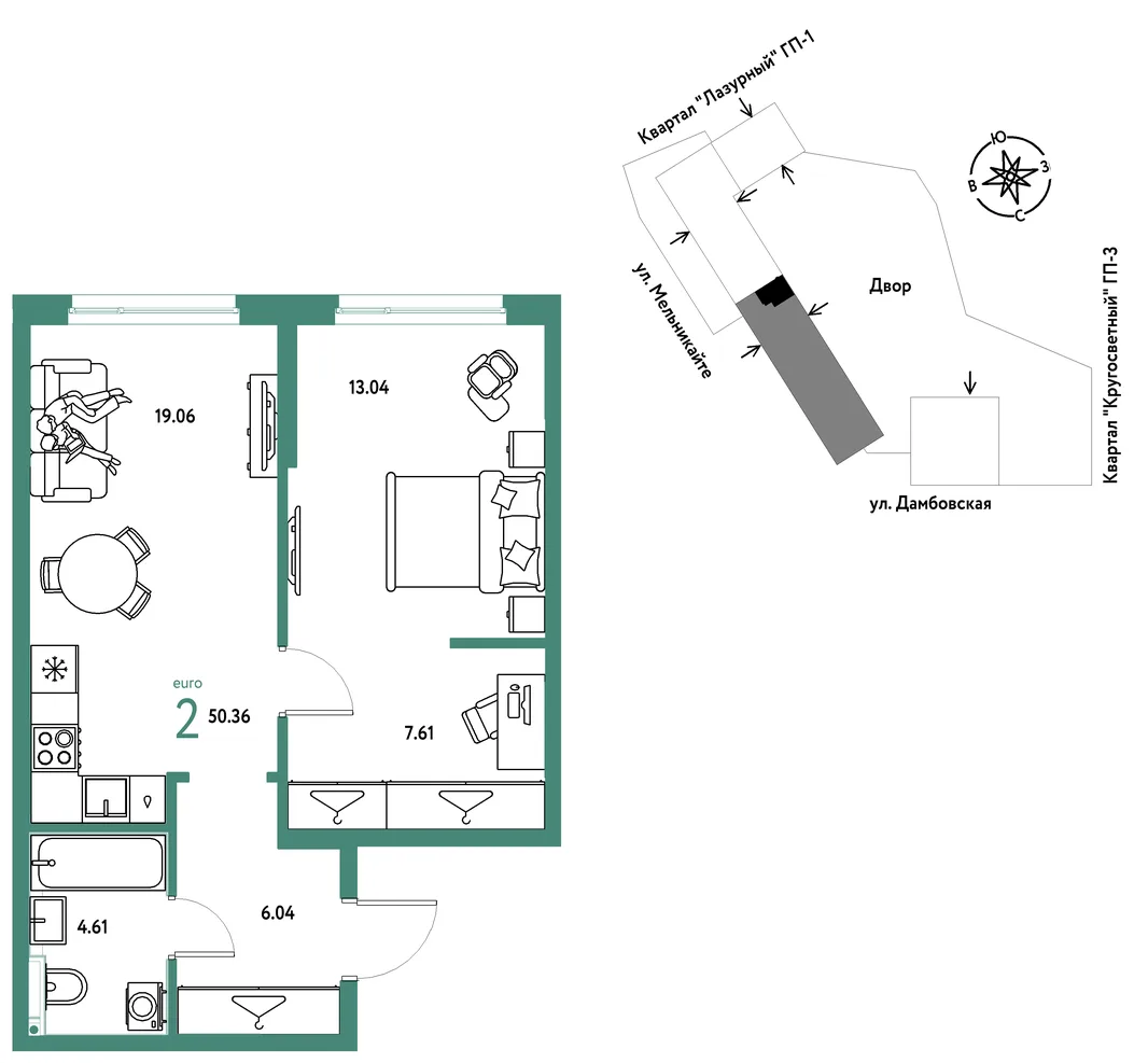 Планировка 2-комн. квартира, 50.36 м² ЖК «Страна Прибрежная»