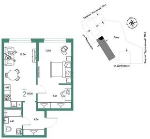 Планировка 2-комн. квартира, 50.36 м² ЖК «Страна Прибрежная»