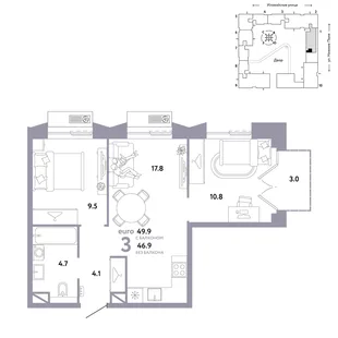 Планировка 3-комн. квартира, 49.9 м² ЖК «Страна.Заречная»