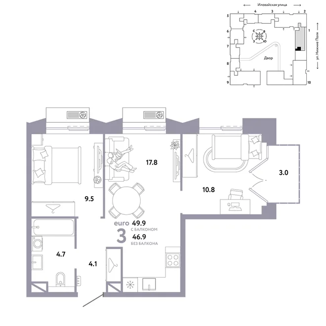Планировка 3-комн. квартира, 49.9 м² ЖК «Страна.Заречная» Планировка 3-комн. квартира, 49.9 м² ЖК «Страна.Заречная»