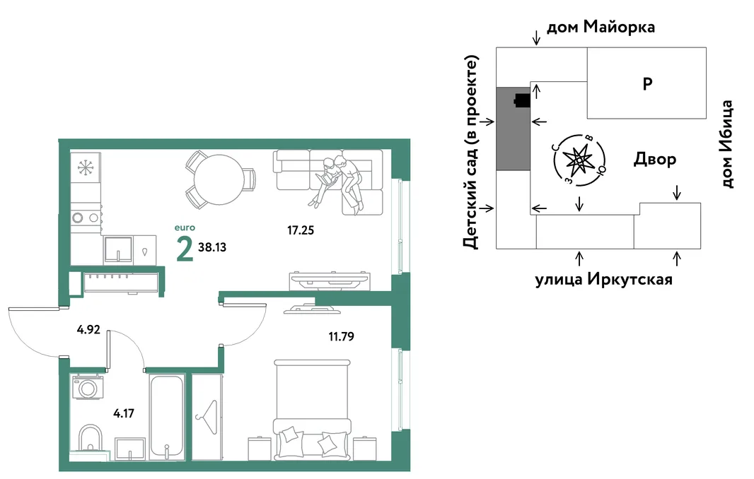 Планировка 2-комн. квартира, 38.13 м² ЖК «Остров-сад»