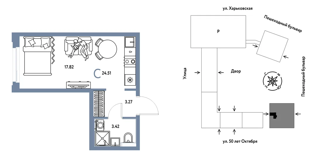 Планировка Студия, 24.51 м² ЖК «Сердце Сибири»