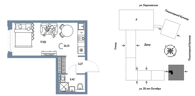 Планировка Студия, 24.51 м² ЖК «Сердце Сибири»