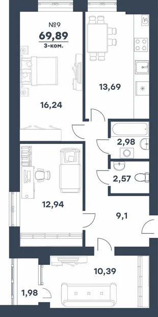 Планировка 3-комн. квартира, 69.89 м² ЖК «мкр. Долина»