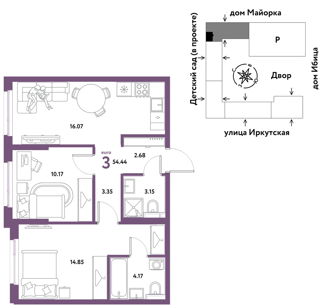 Планировка 3-комн. квартира, 54.44 м² ЖК «Остров-сад»