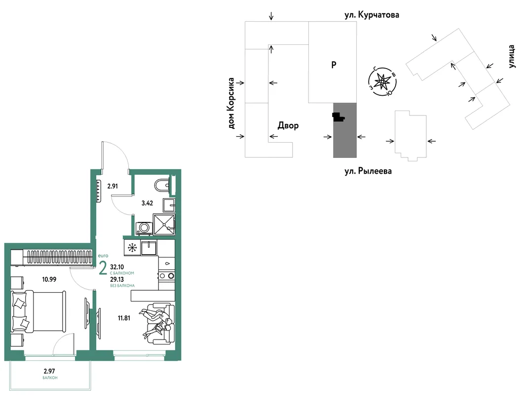Планировка 2-комн. квартира, 32.07 м² ЖК «Остров-сад»