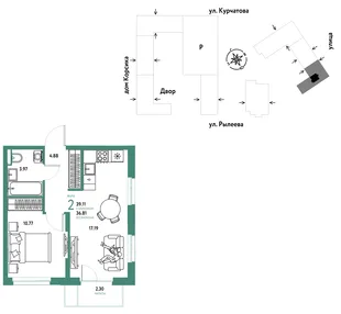 Планировка 2-комн. квартира, 39.3 м² ЖК «Остров-сад»