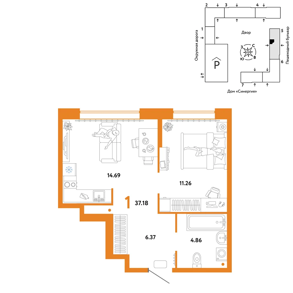 Планировка 1-комн. квартира, 37.18 м² ЖК «Юнион»